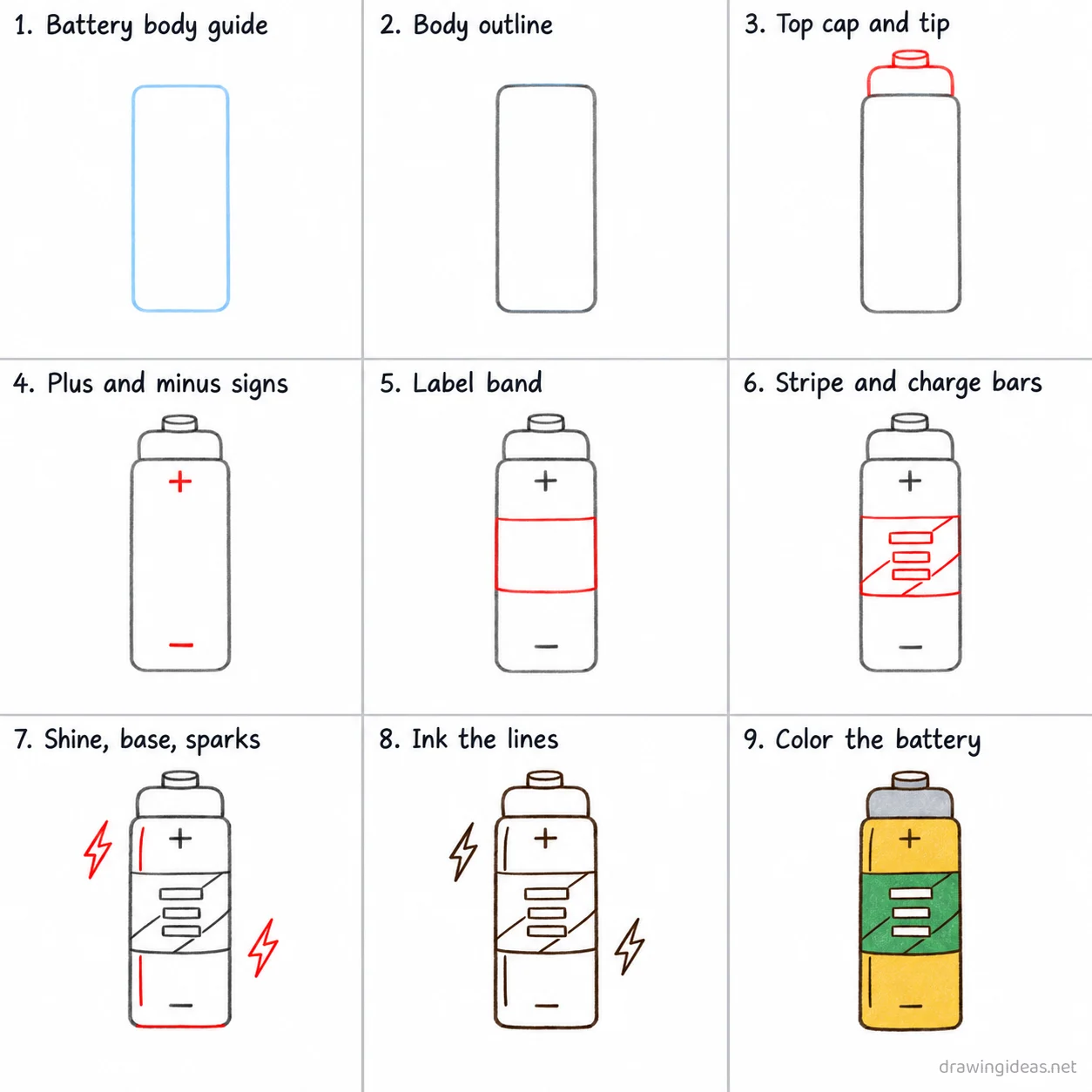How to draw a battery step by step — 9-step battery drawing tutorial sheet
