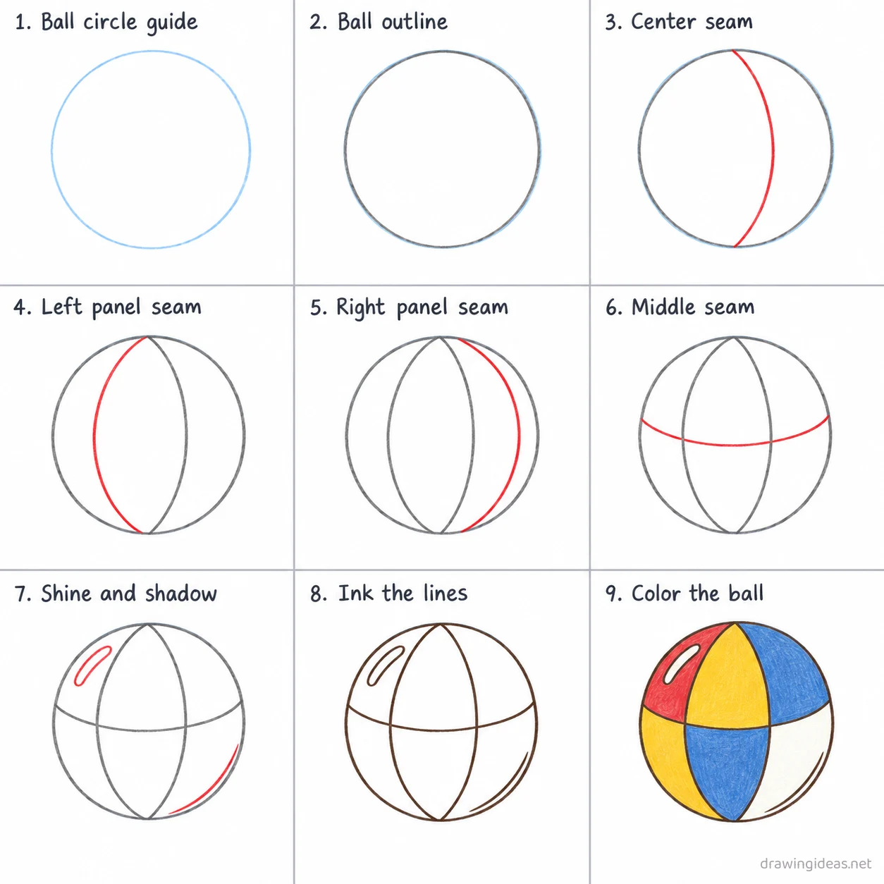 How to draw a beach ball step by step — 9-step beach ball drawing tutorial sheet