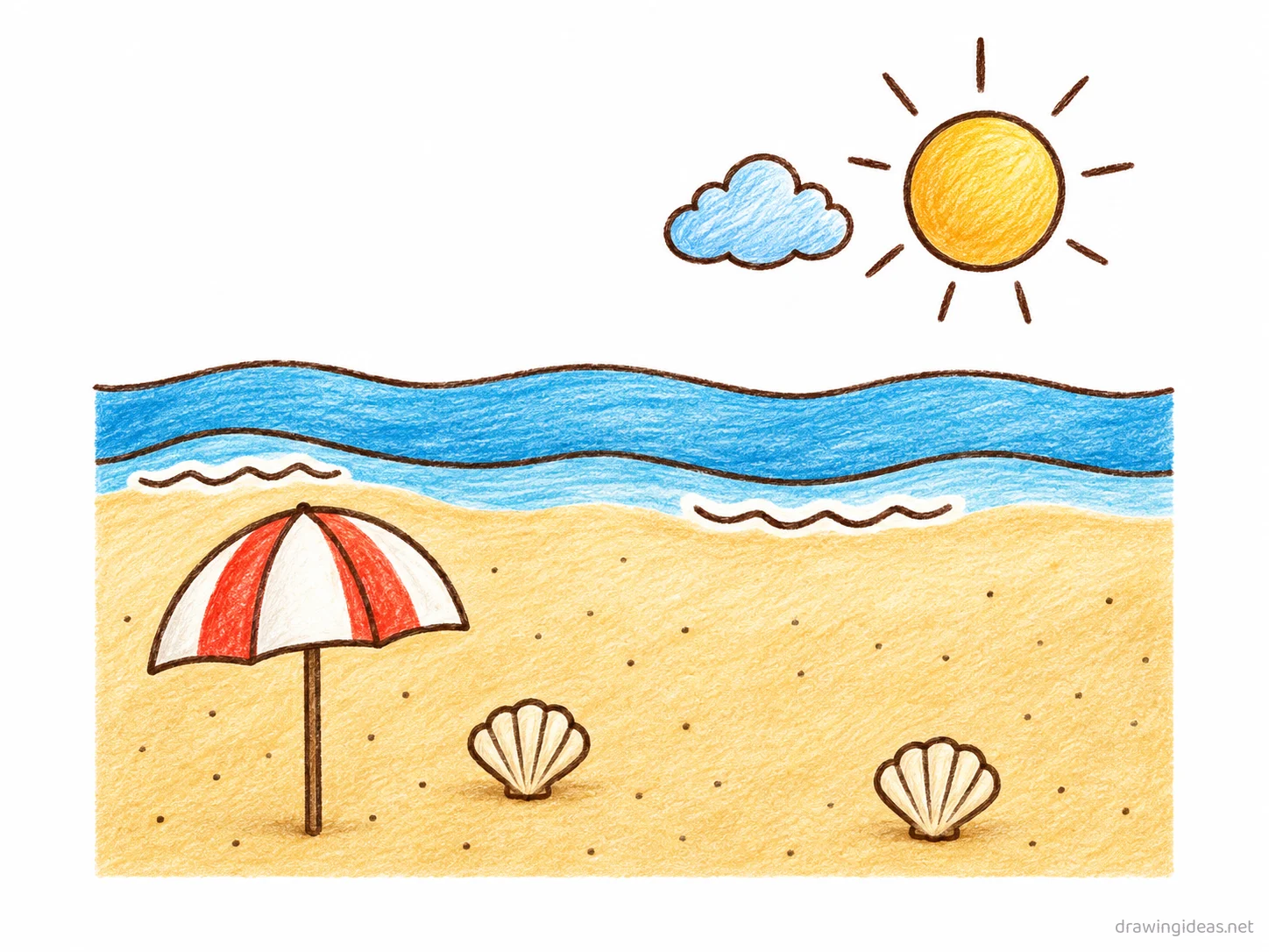 Beach drawing — hand-drawn beach illustration with ink lines and soft colors
