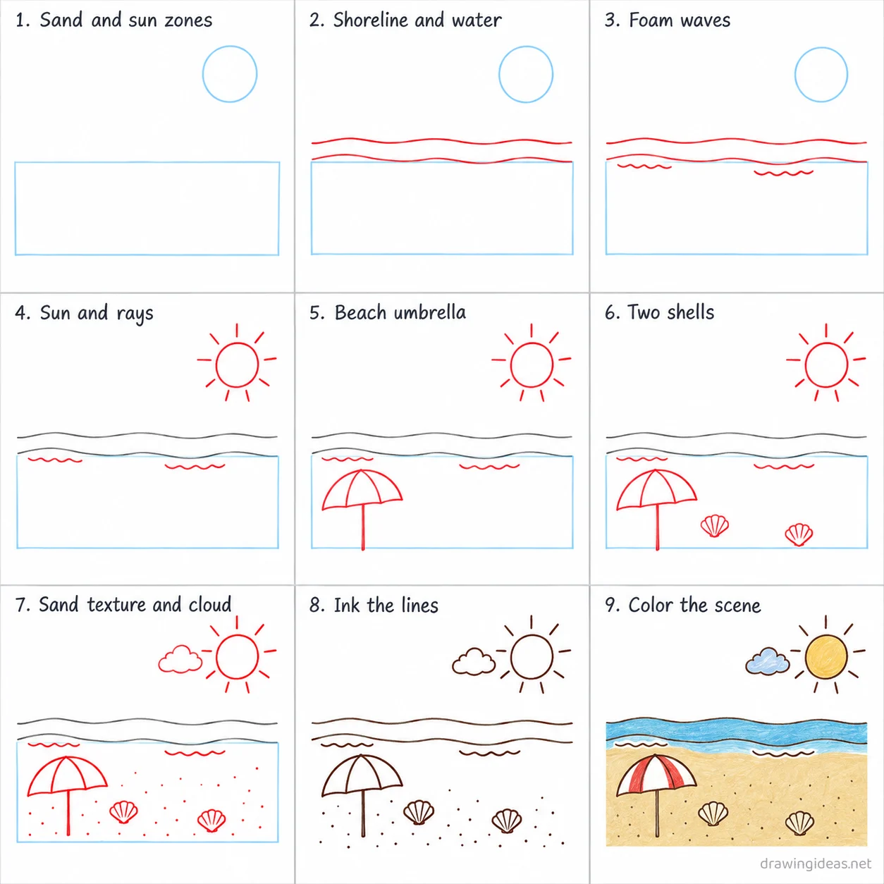 How to draw a beach step by step — 9-step beach drawing tutorial sheet