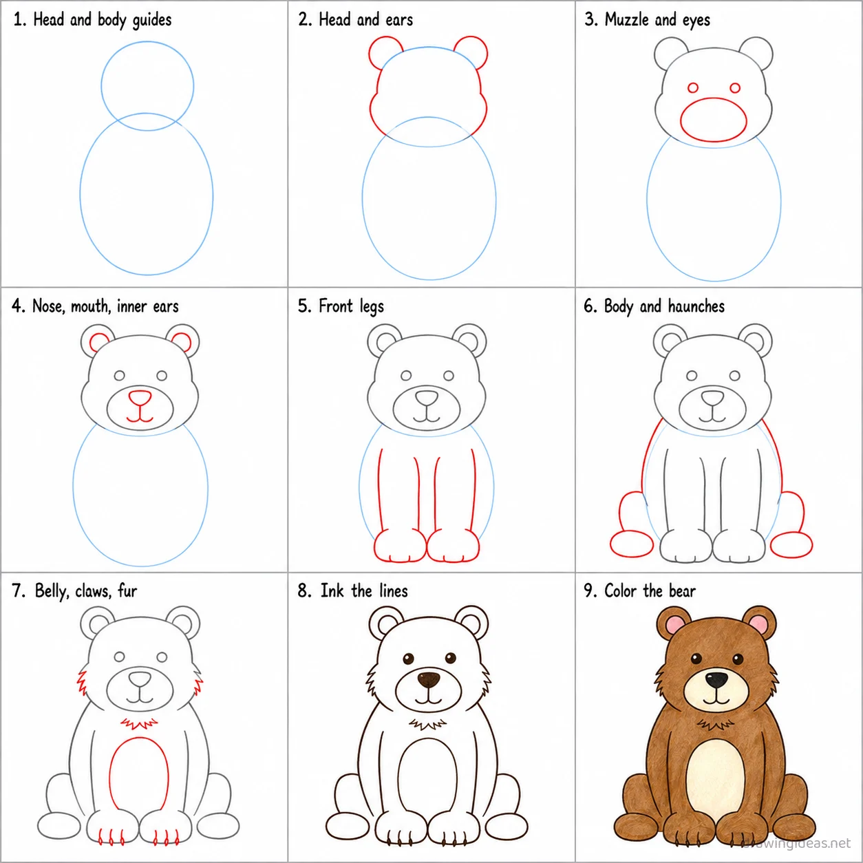 How to draw a bear step by step — 9-step bear drawing tutorial sheet