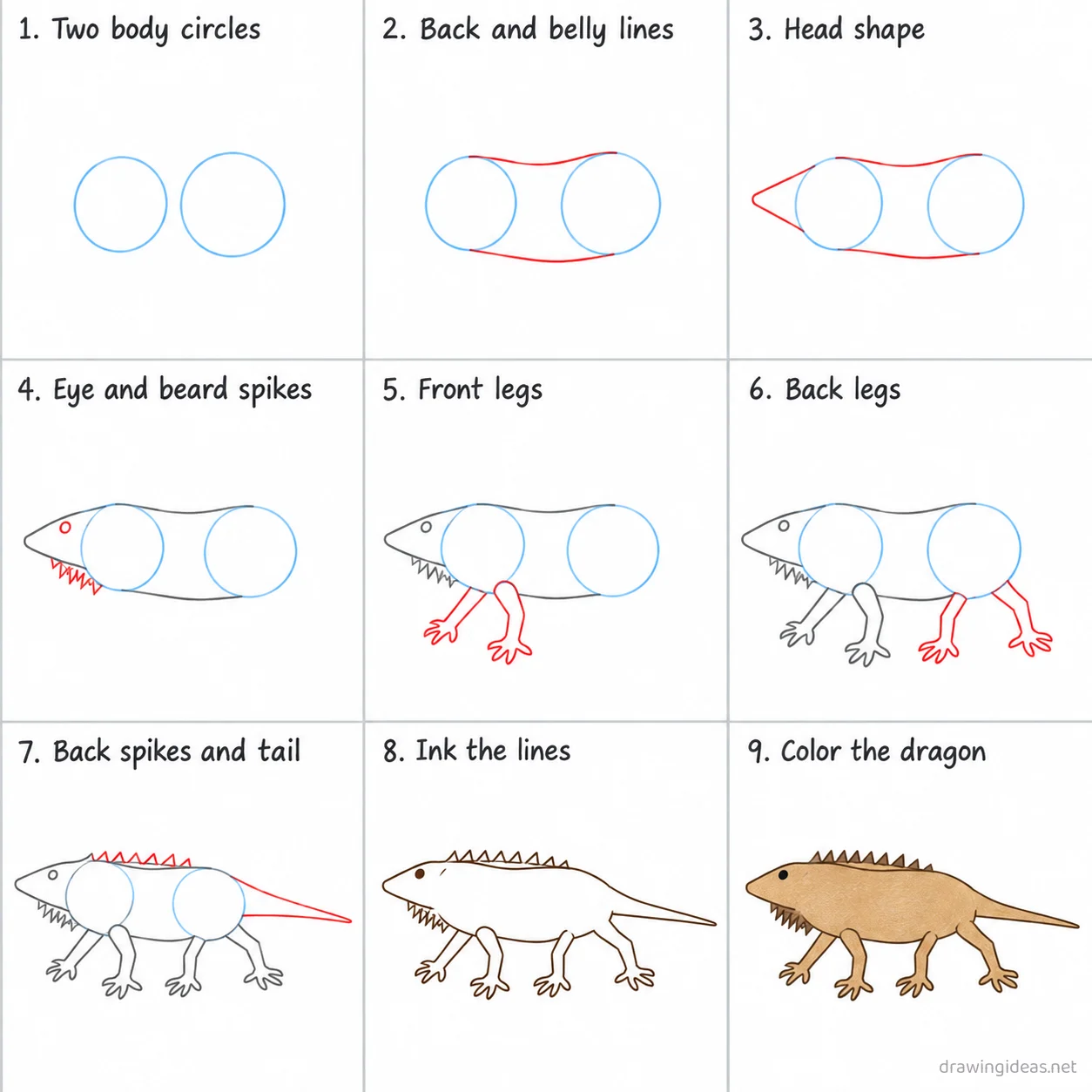 How to draw a bearded dragon step by step — 9-step bearded dragon drawing tutorial sheet