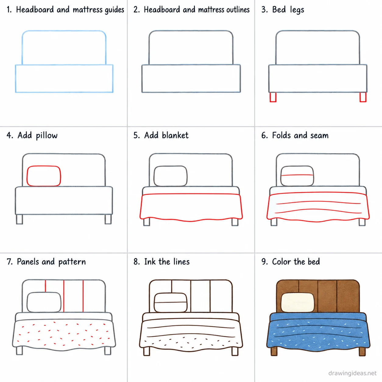 How to draw a bed step by step — 9-step bed drawing tutorial sheet