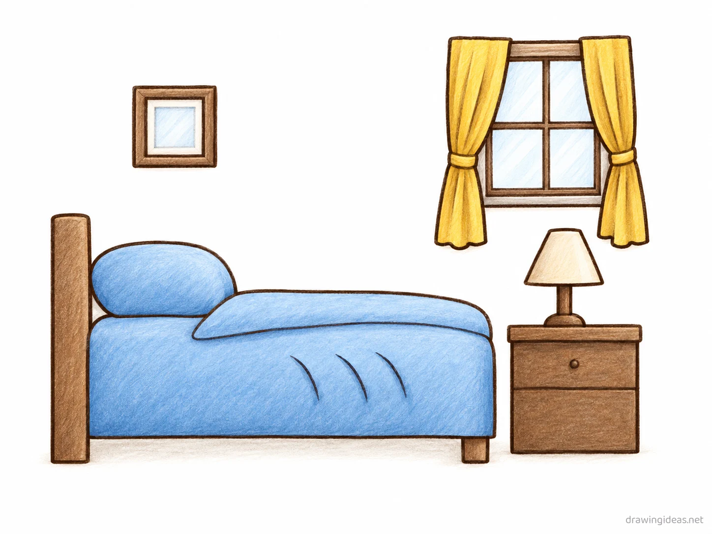 Bedroom drawing — hand-drawn bedroom illustration with ink lines and soft colors