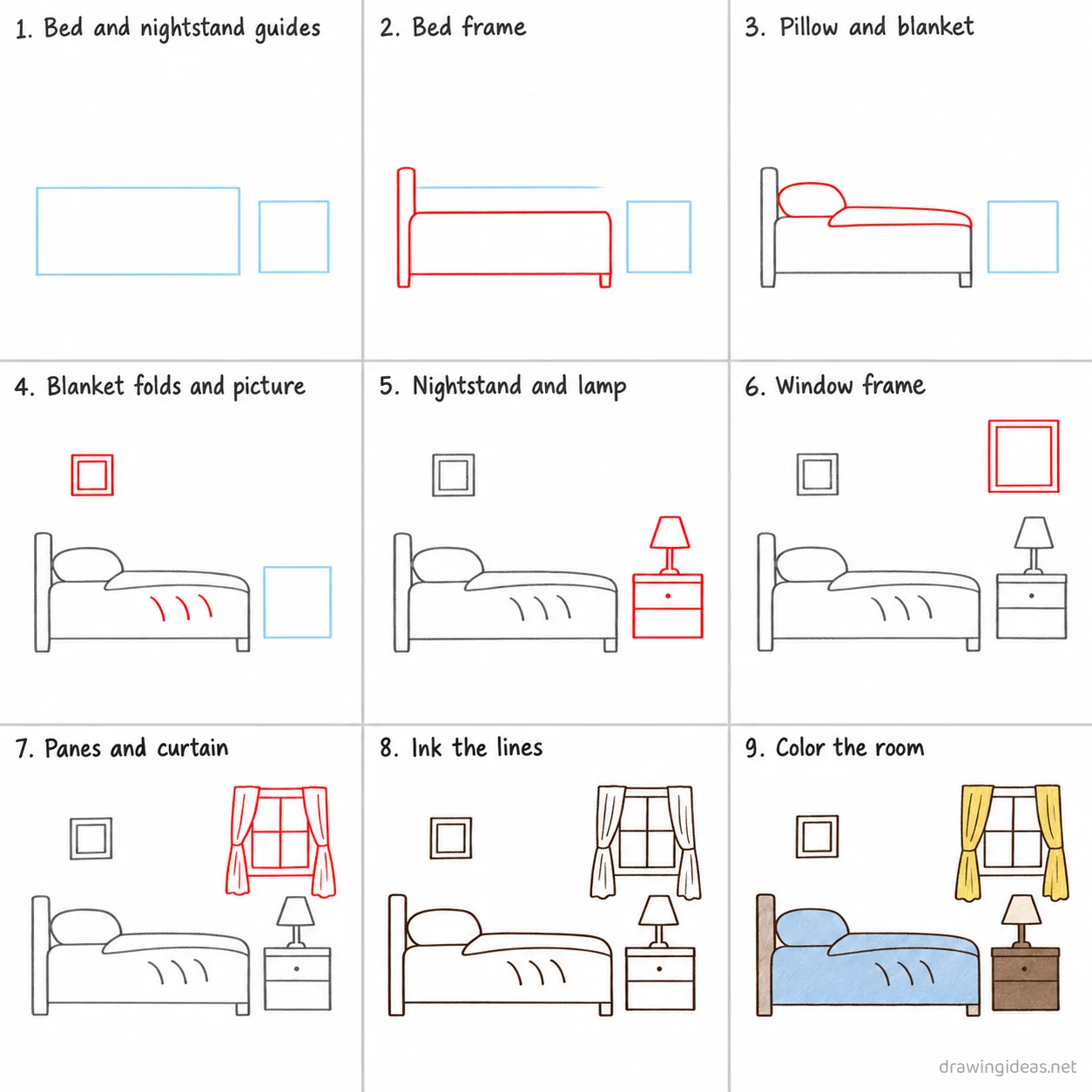How to draw a bedroom step by step — 9-step bedroom drawing tutorial sheet