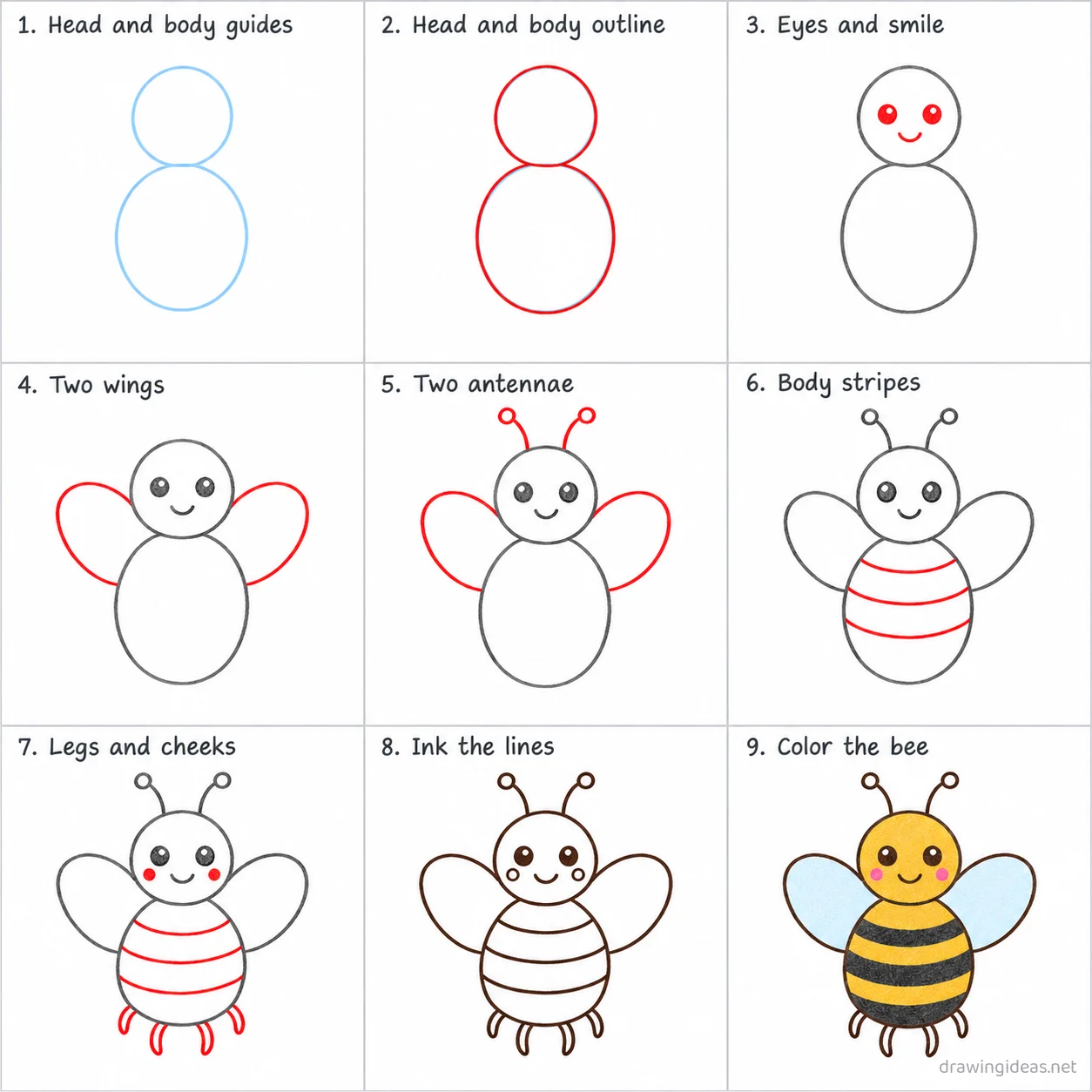 How to draw a bee step by step — 9-step bee drawing tutorial sheet