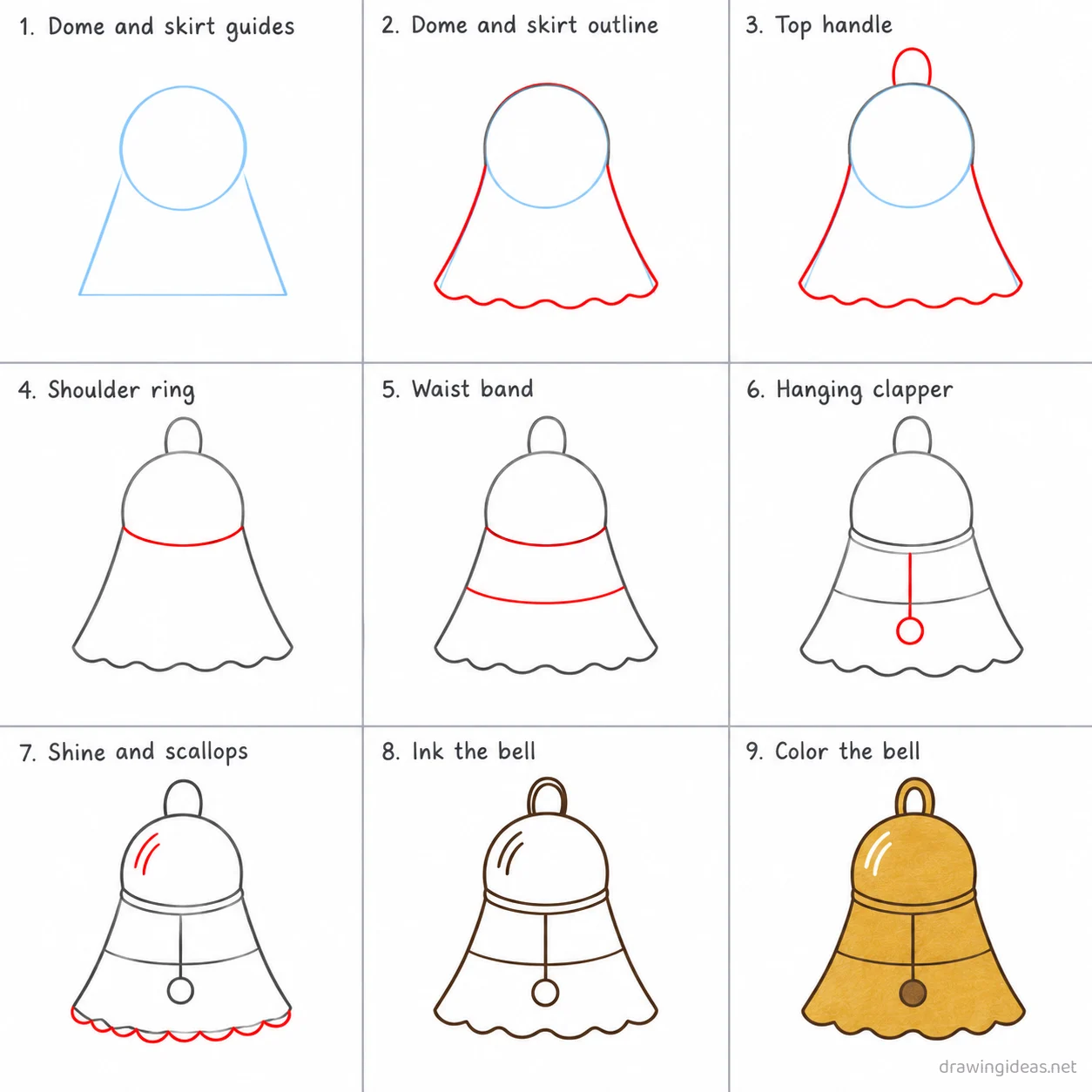 How to draw a bell step by step — 9-step bell drawing tutorial sheet