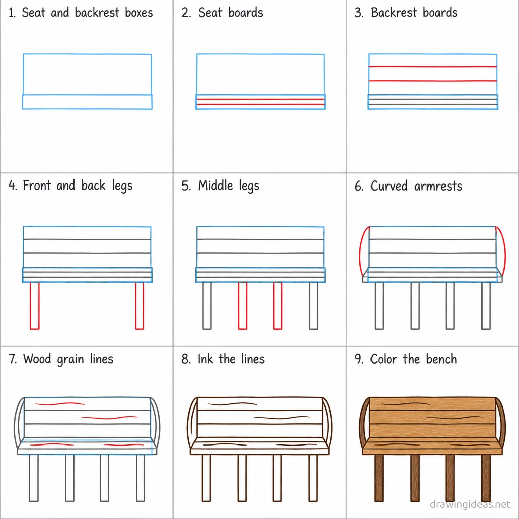 How to draw a bench step by step — 9-step bench drawing tutorial sheet