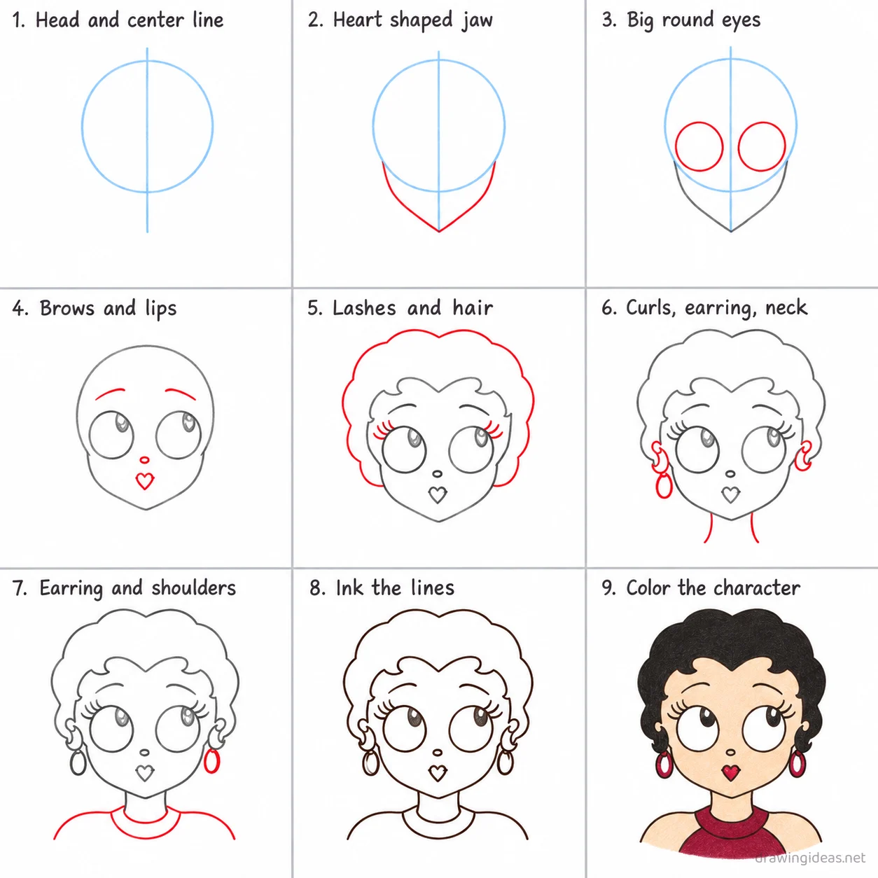 How to draw Betty Boop step by step — 9-step Betty Boop drawing tutorial sheet