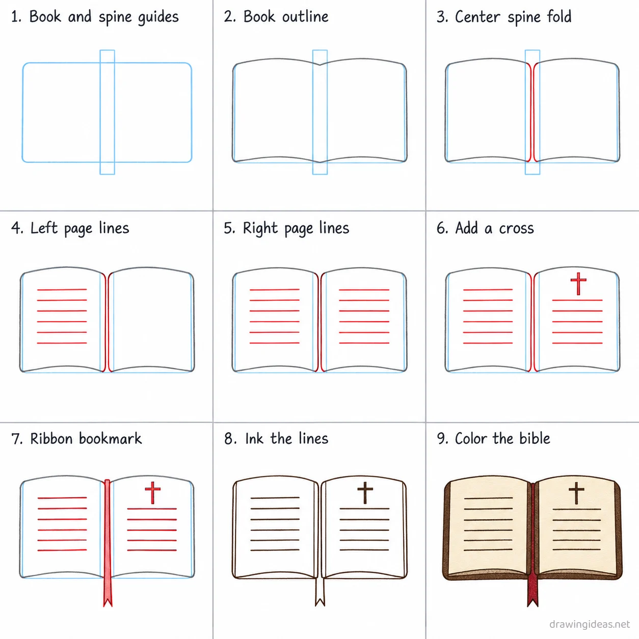 How to draw a bible step by step — 9-step bible drawing tutorial sheet