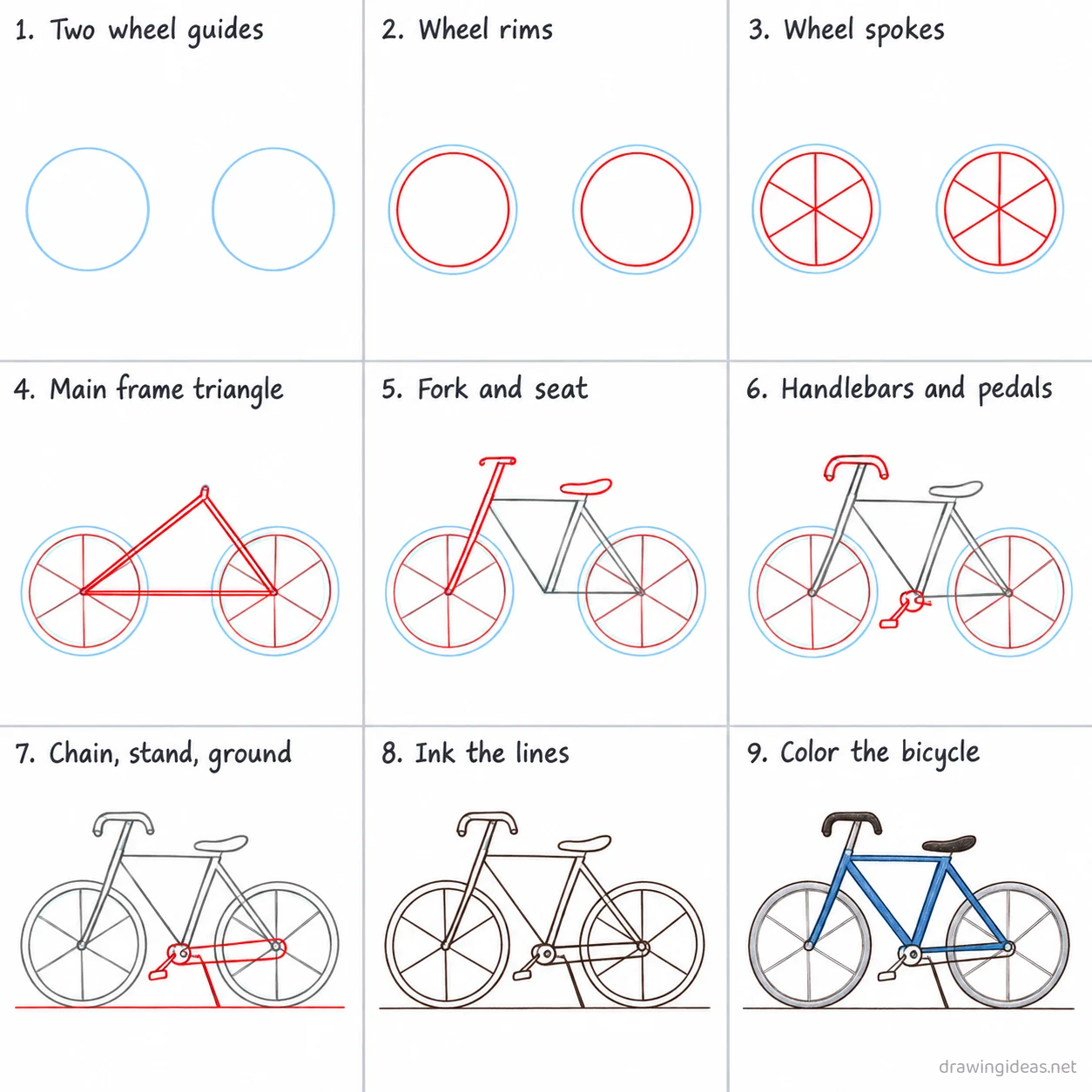How to draw a bicycle step by step — 9-step bicycle drawing tutorial sheet