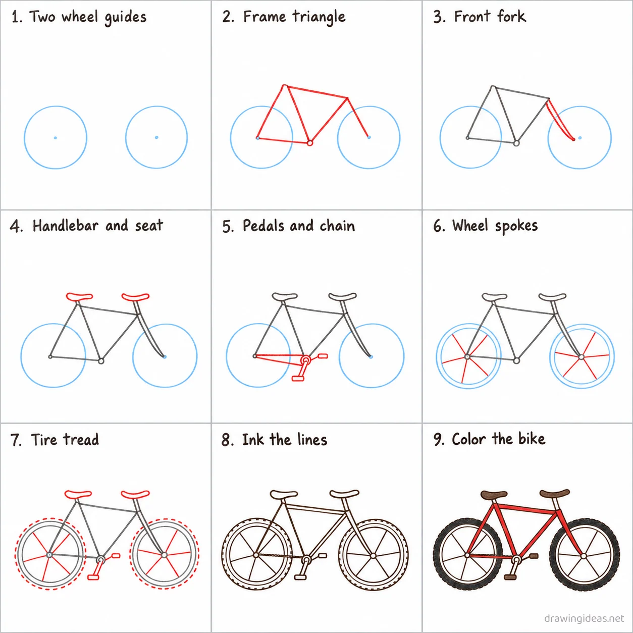 How to draw a bike step by step — 9-step bike drawing tutorial sheet