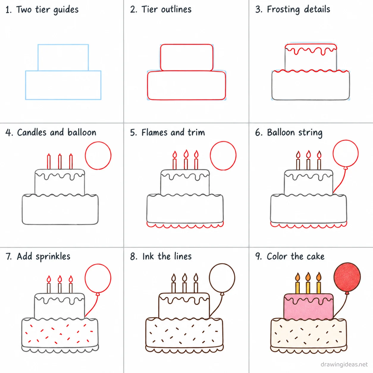 How to draw a birthday step by step — 9-step birthday drawing tutorial sheet