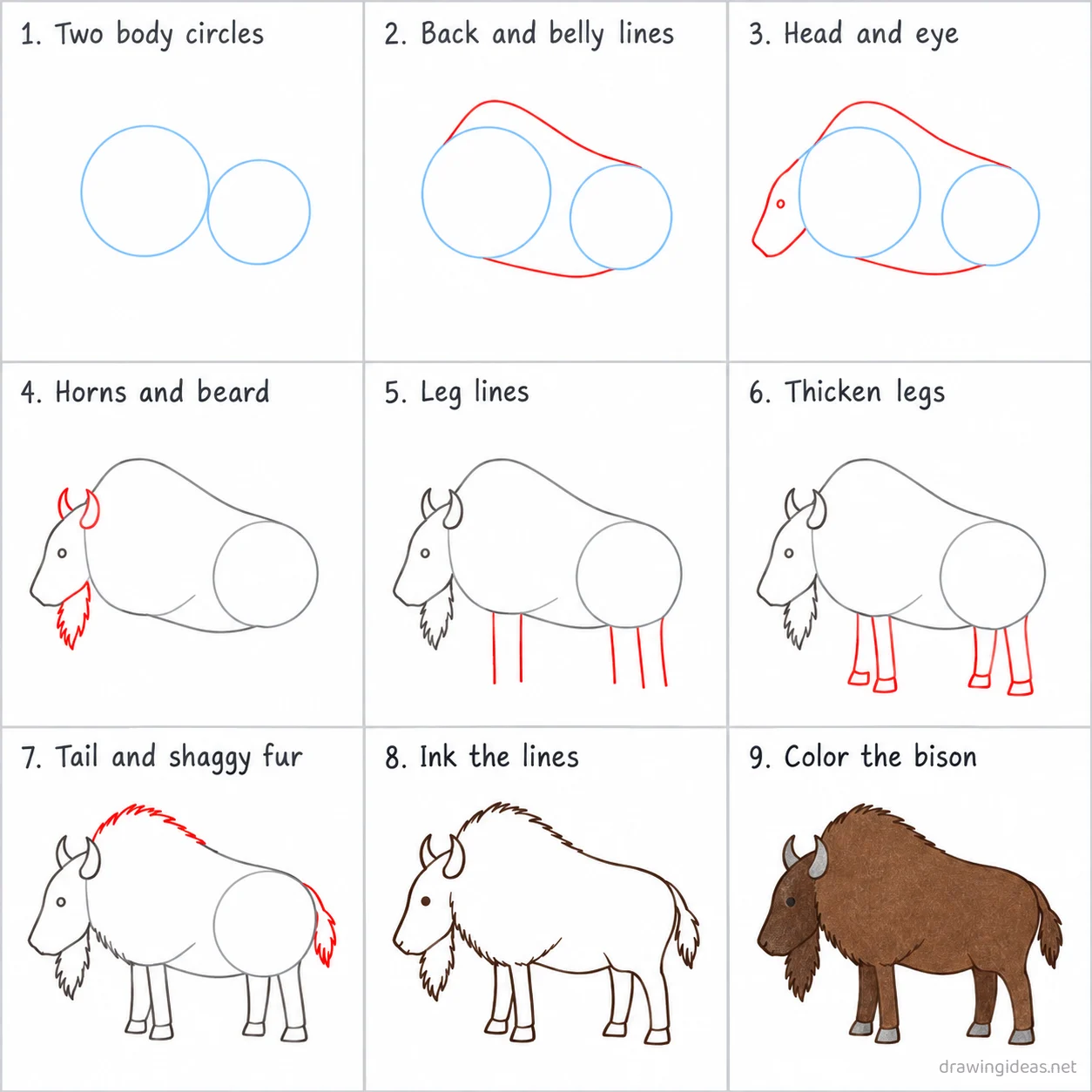 How to draw a bison step by step — 9-step bison drawing tutorial sheet