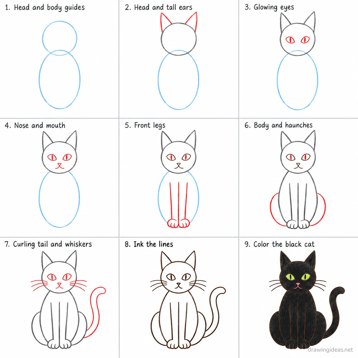 How to draw a black cat step by step — 9-step black cat drawing tutorial sheet