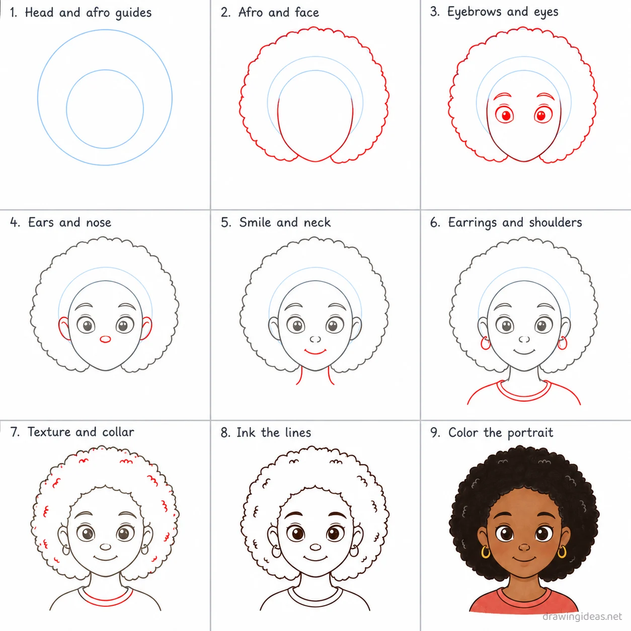 How to draw a black girl step by step — 9-step black girl drawing tutorial sheet