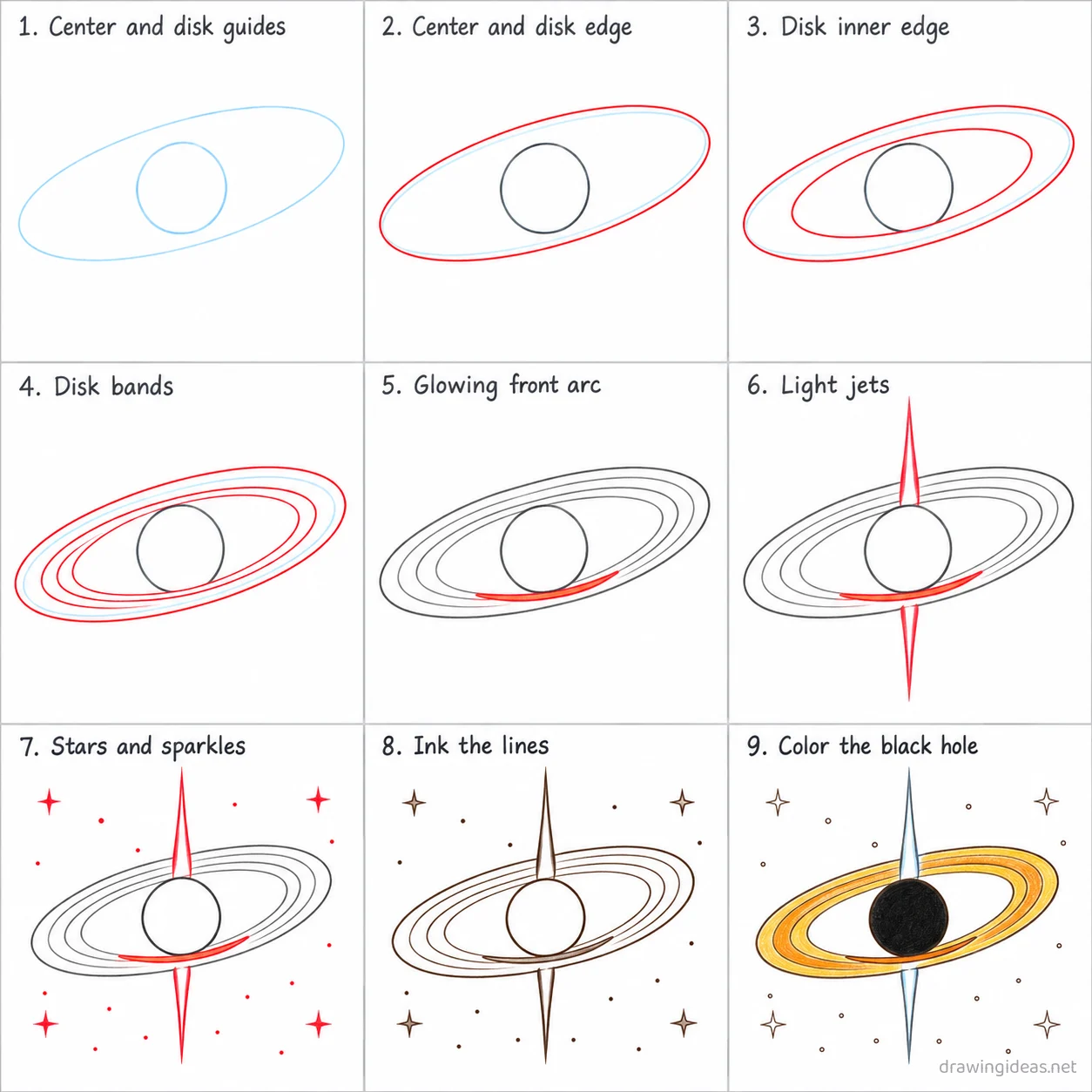 How to draw a black hole step by step — 9-step black hole drawing tutorial sheet