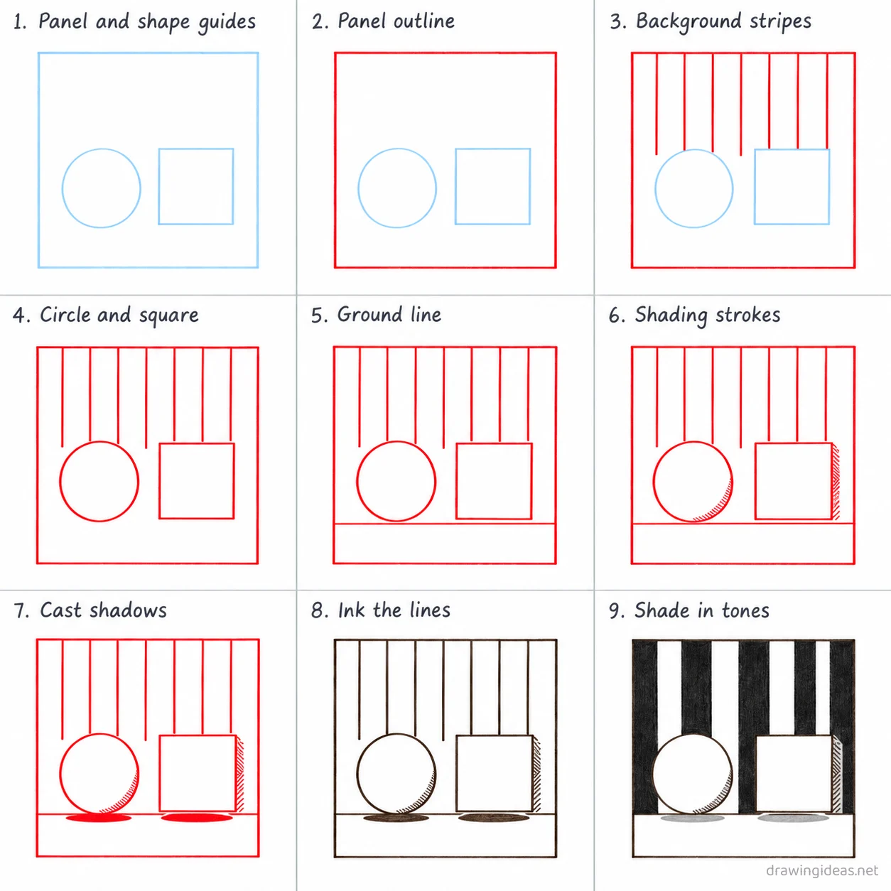 How to draw a black white step by step — 9-step black white drawing tutorial sheet