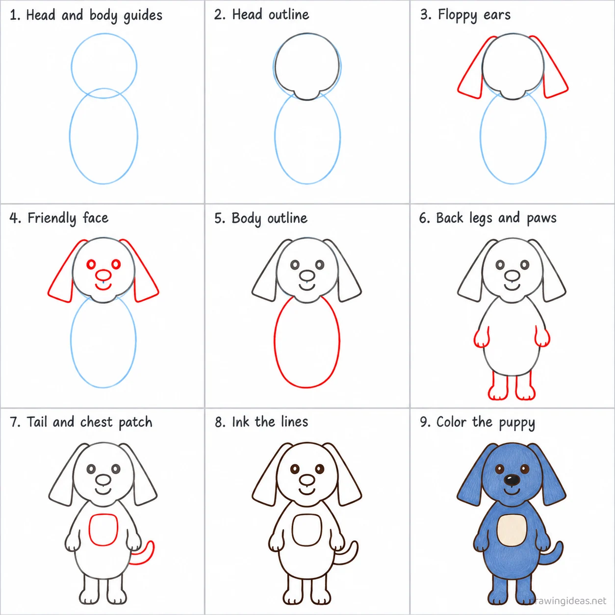 How to draw Bluey step by step — 9-step Bluey drawing tutorial sheet