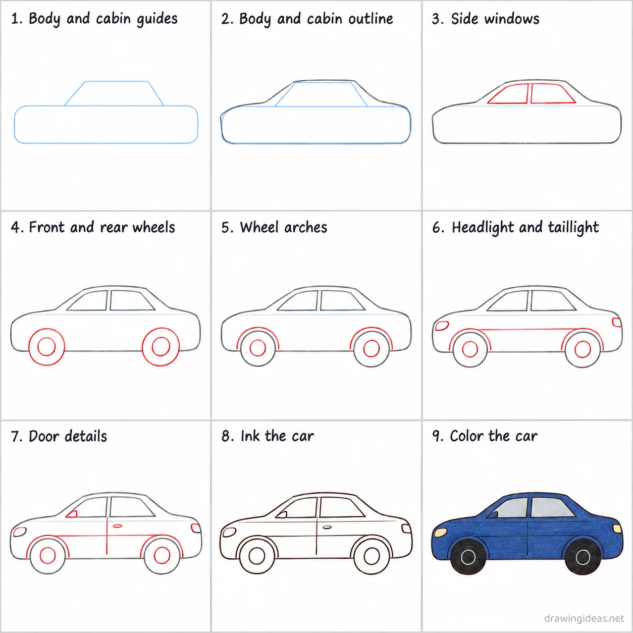 How to draw a bmw step by step — 9-step bmw drawing tutorial sheet