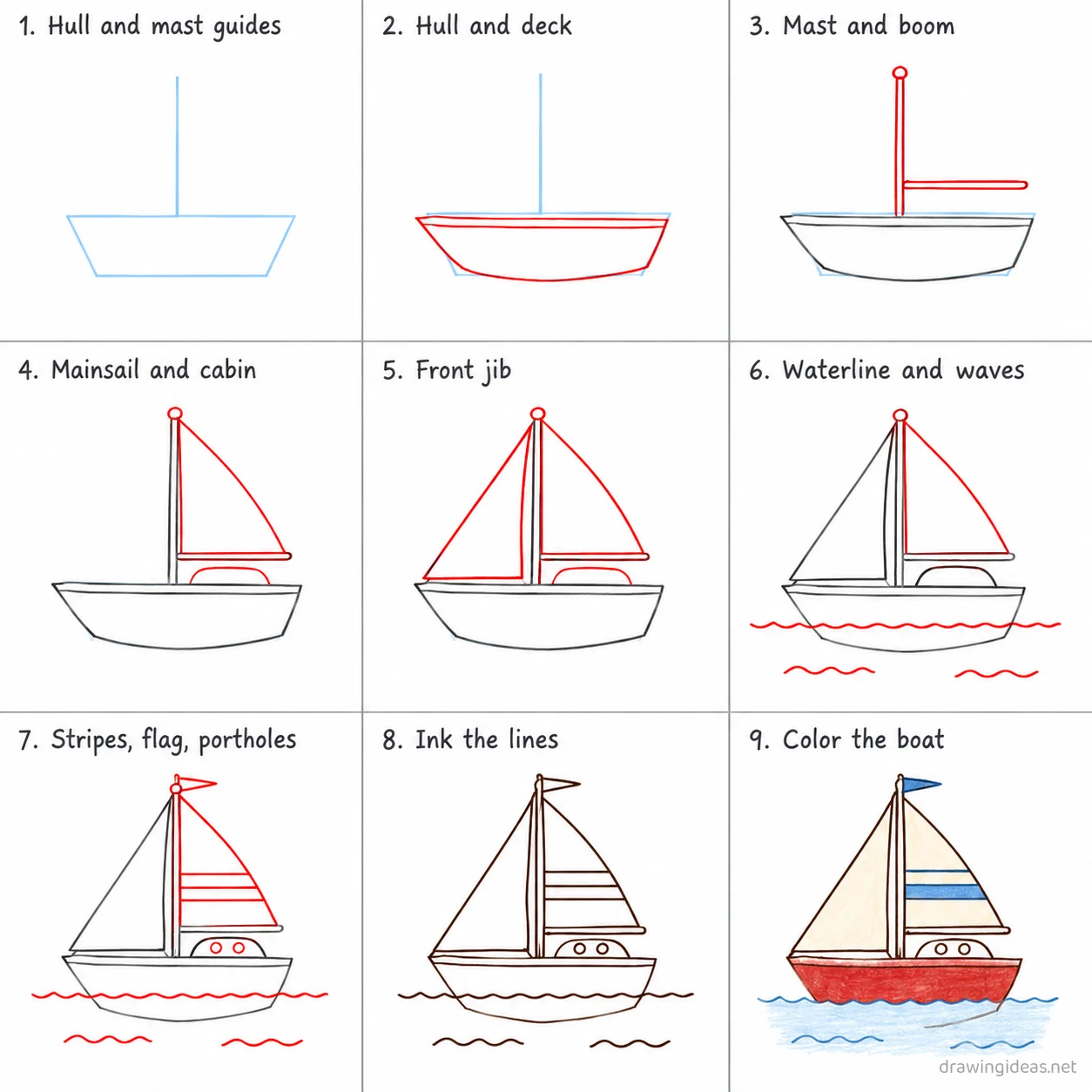 How to draw a boat step by step — 9-step boat drawing tutorial sheet