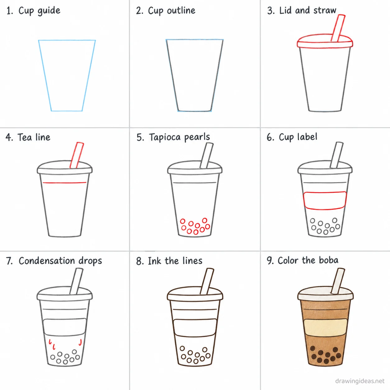 How to draw boba step by step — 9-step boba drawing tutorial sheet