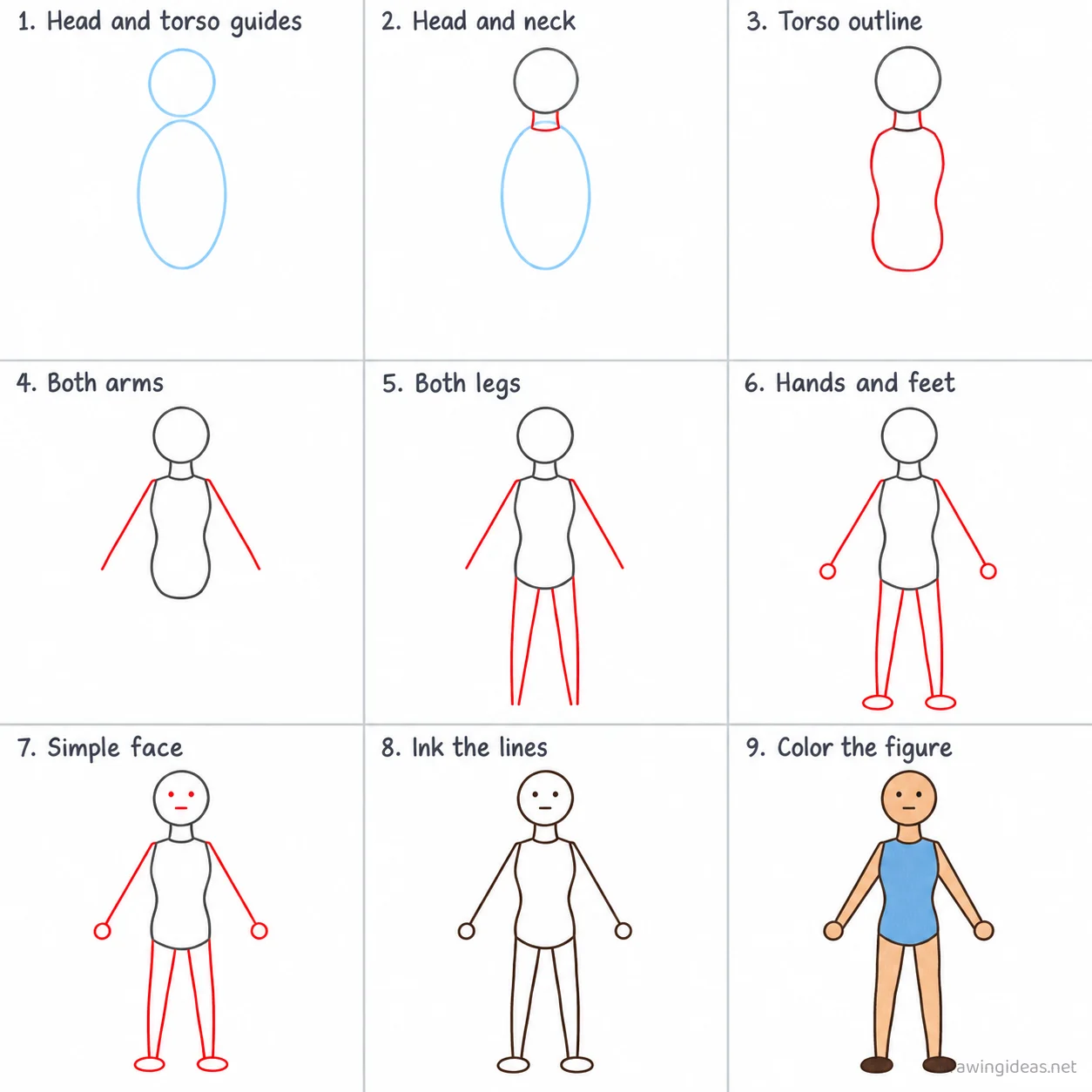 How to draw a body step by step — 9-step body drawing tutorial sheet