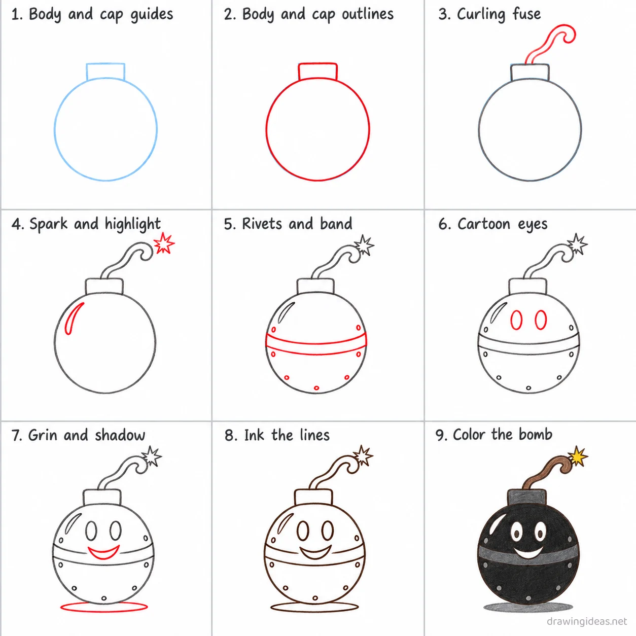How to draw a bomb step by step — 9-step bomb drawing tutorial sheet