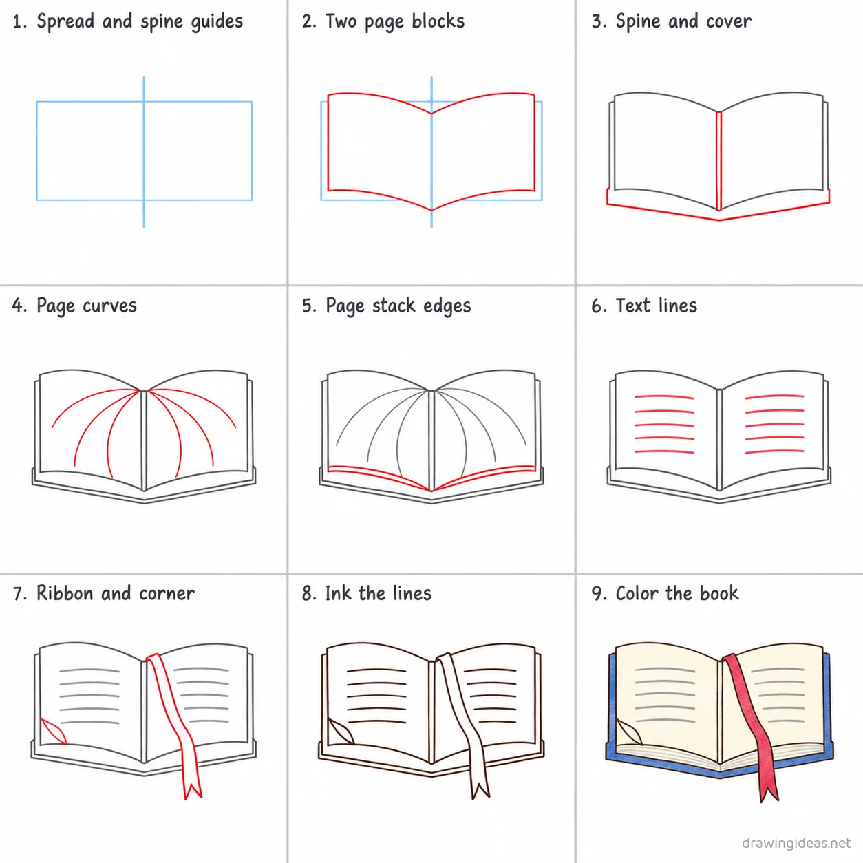 How to draw a book step by step — 9-step book drawing tutorial sheet