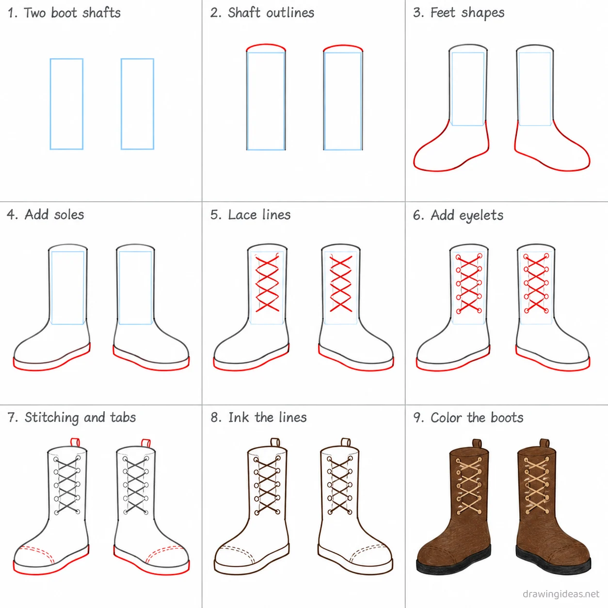 How to draw boots step by step — 9-step boots drawing tutorial sheet