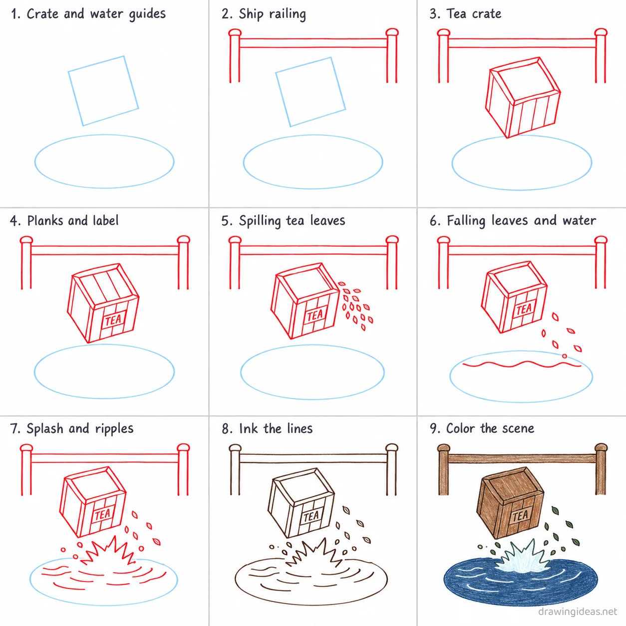 How to draw the Boston Tea Party step by step — 9-step Boston Tea Party drawing tutorial sheet