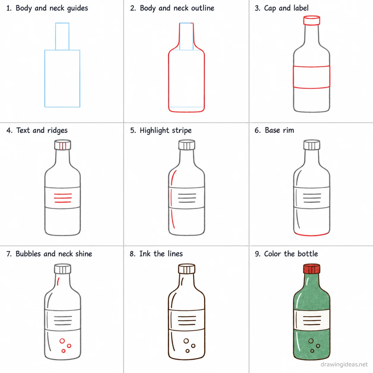 How to draw a bottle step by step — 9-step bottle drawing tutorial sheet