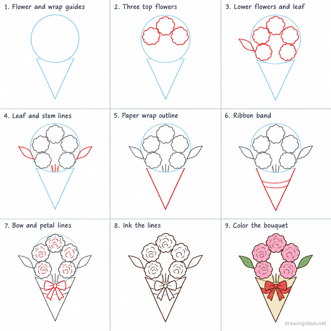 How to draw a bouquet step by step — 9-step bouquet drawing tutorial sheet