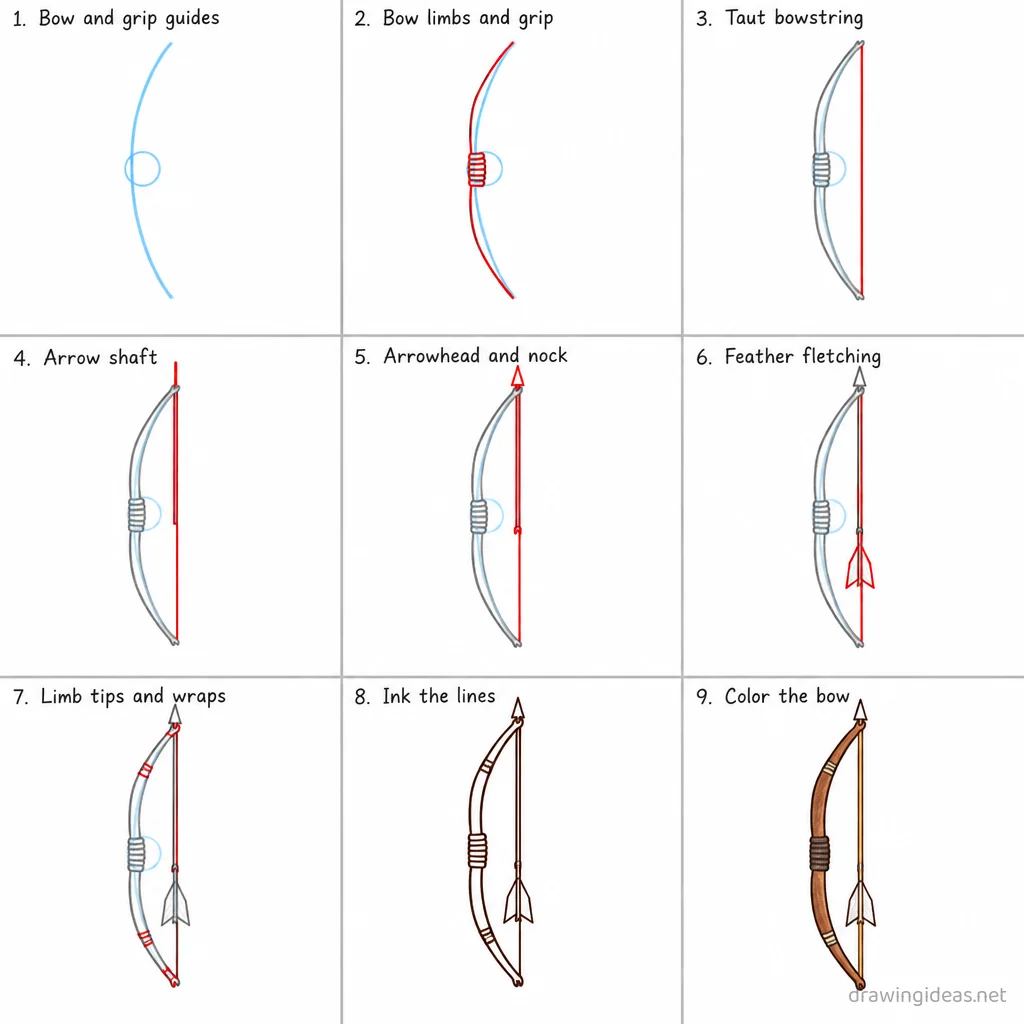 How to draw a bow and arrow step by step — 9-step bow and arrow drawing tutorial sheet