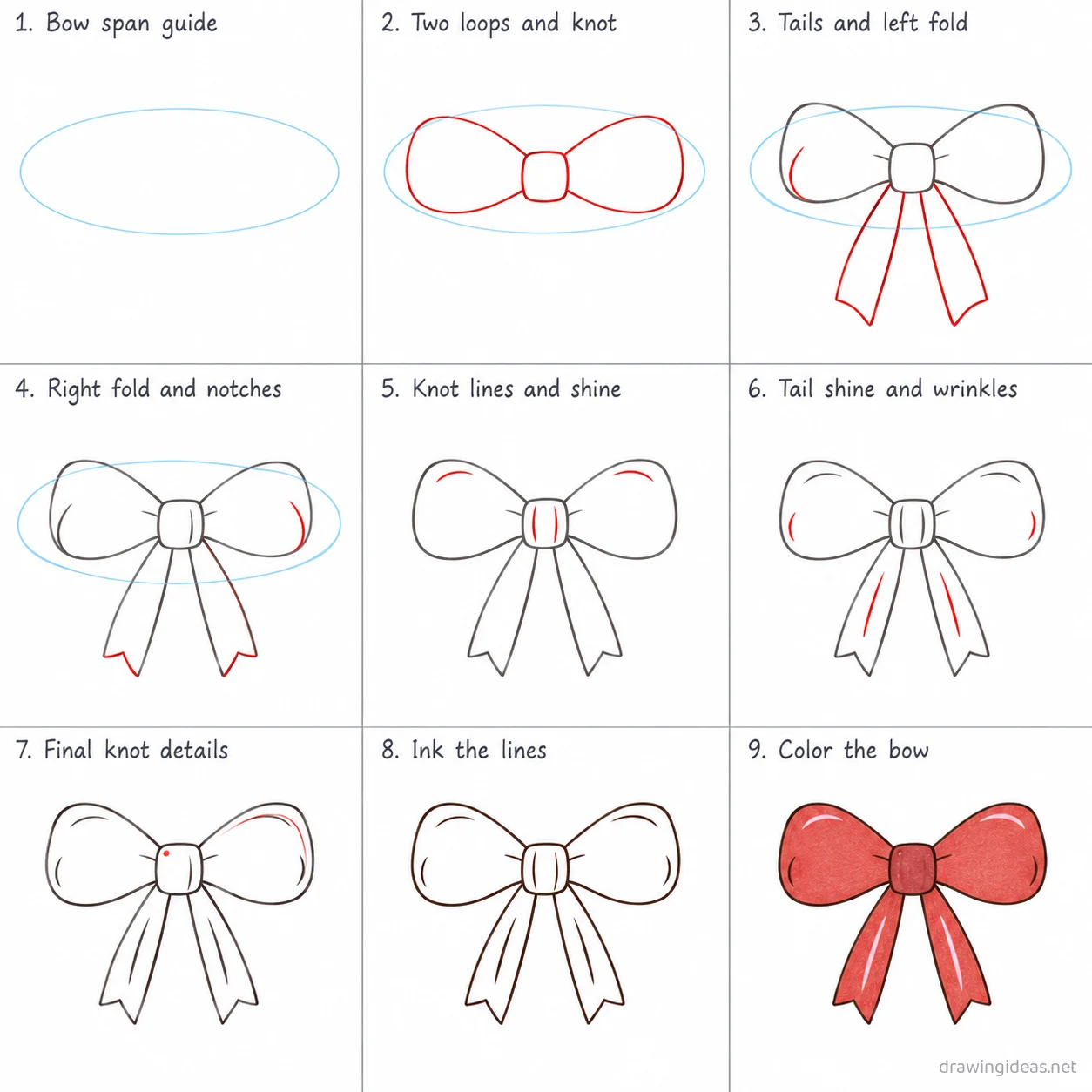 How to draw a bow step by step — 9-step bow drawing tutorial sheet