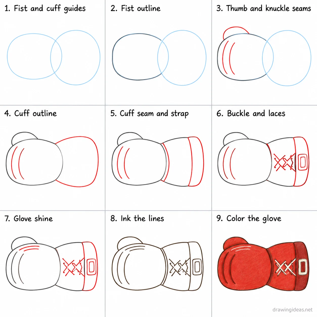 How to draw a boxing glove step by step — 9-step boxing glove drawing tutorial sheet