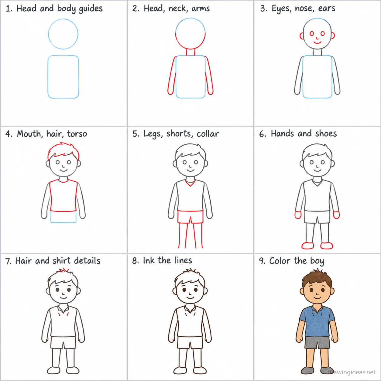 How to draw a boy step by step — 9-step boy drawing tutorial sheet