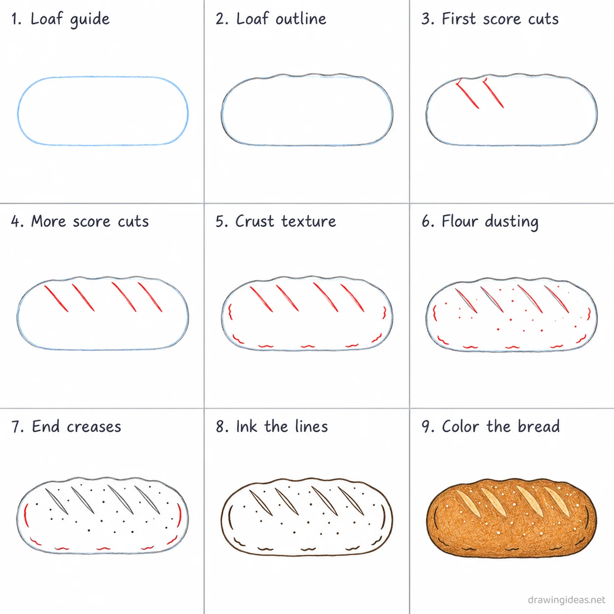 How to draw bread step by step — 9-step bread drawing tutorial sheet
