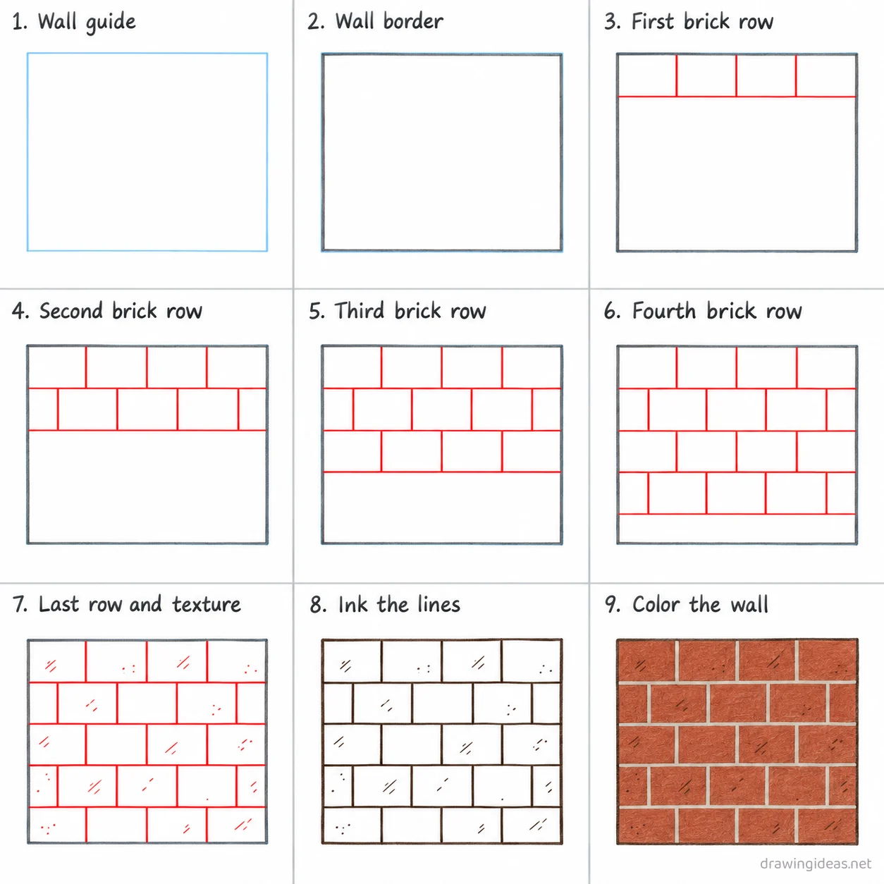How to draw a brick wall step by step — 9-step brick wall drawing tutorial sheet
