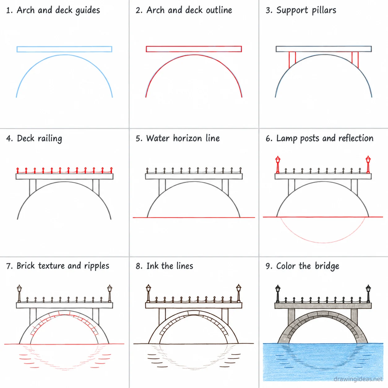 How to draw a bridge step by step — 9-step bridge drawing tutorial sheet