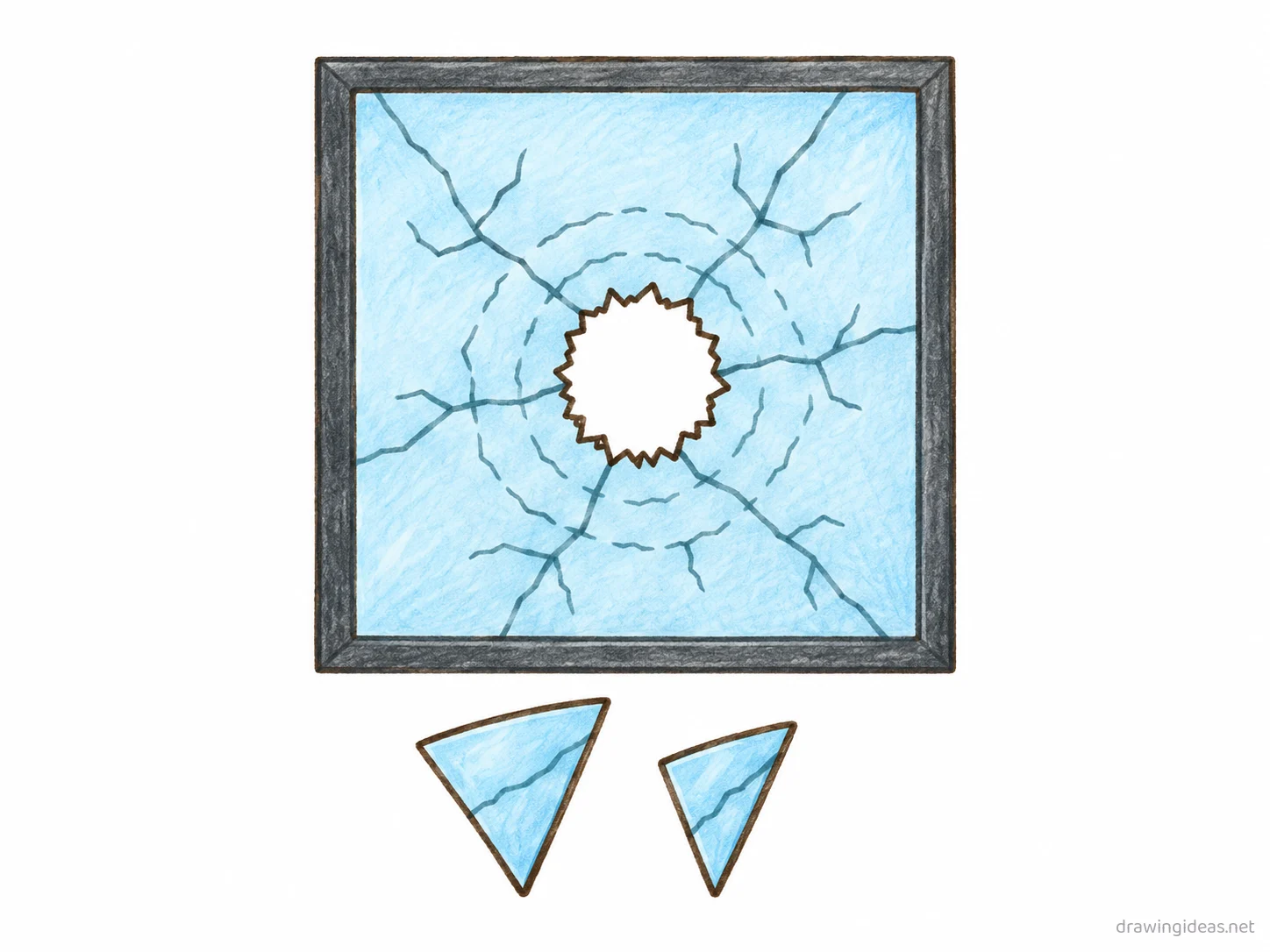 Broken Glass drawing — hand-drawn broken glass illustration with ink lines and soft colors