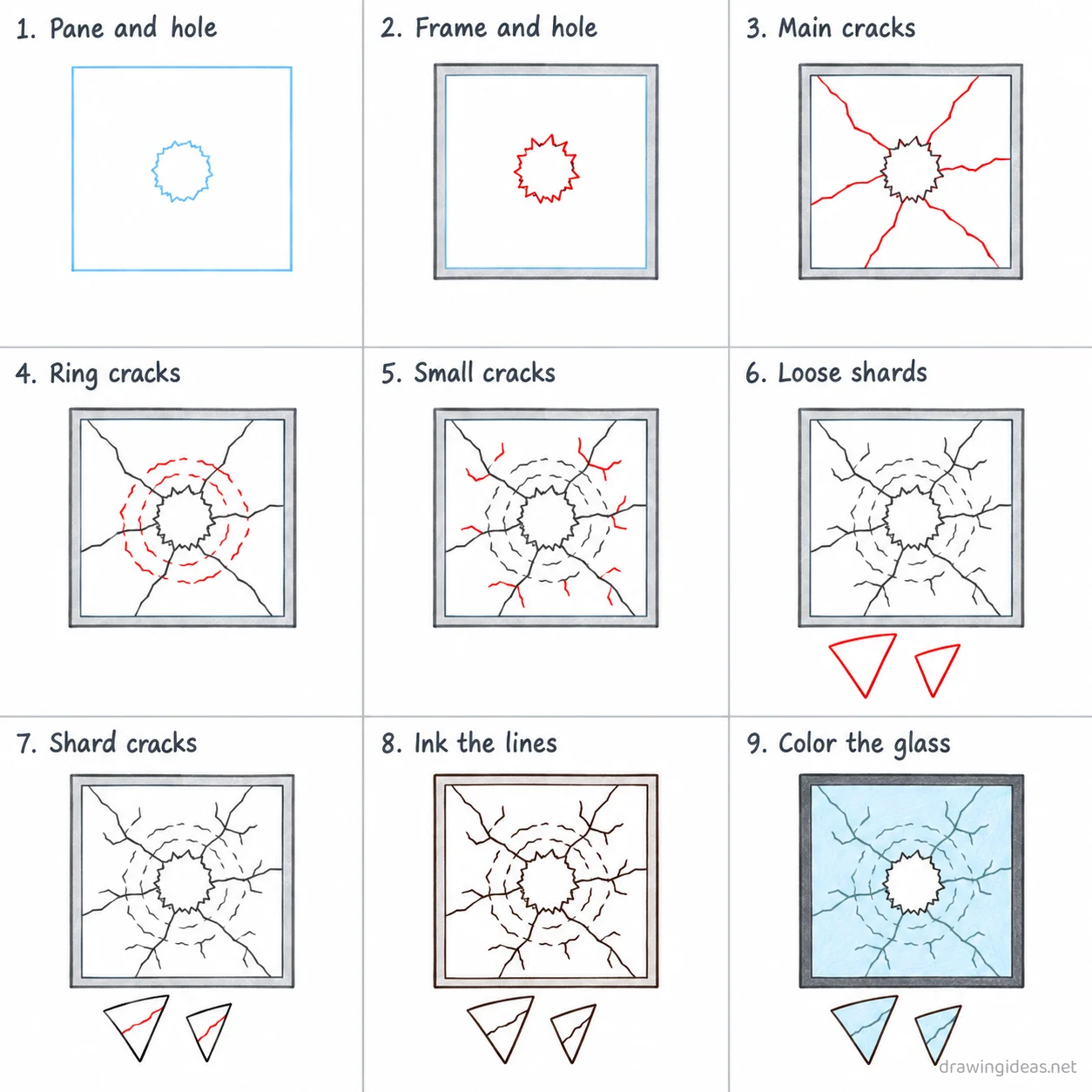 How to draw a broken glass step by step — 9-step broken glass drawing tutorial sheet