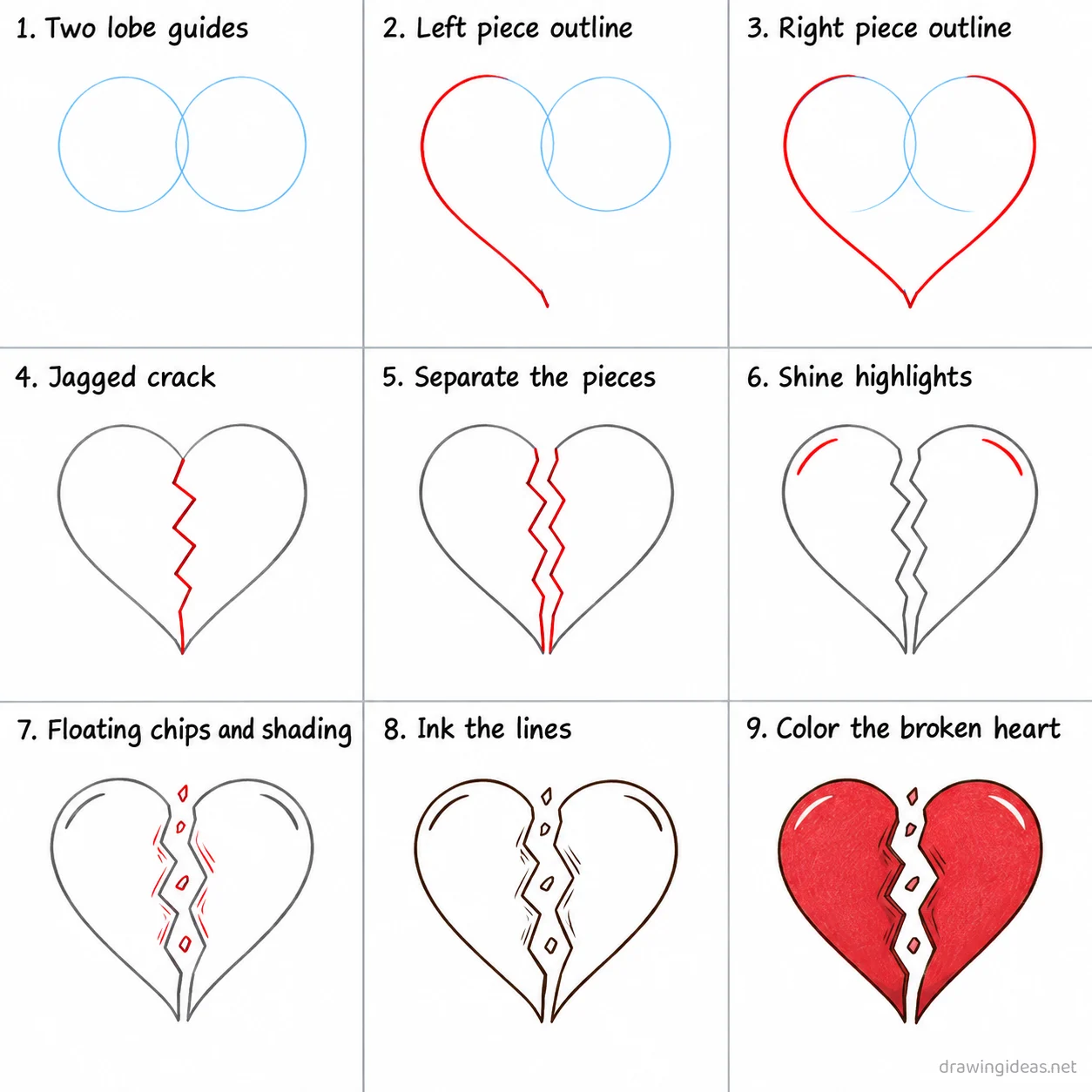 How to draw a broken heart step by step — 9-step broken heart drawing tutorial sheet
