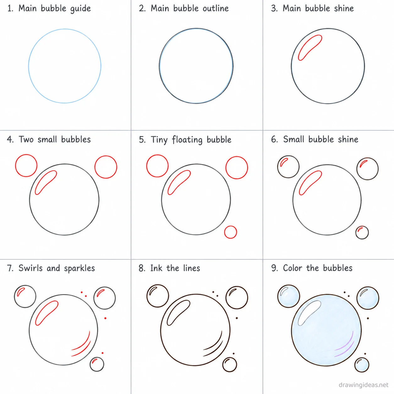 How to draw a bubble step by step — 9-step bubble drawing tutorial sheet