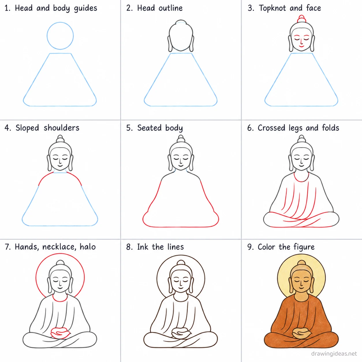 How to draw Buddha step by step — 9-step Buddha drawing tutorial sheet