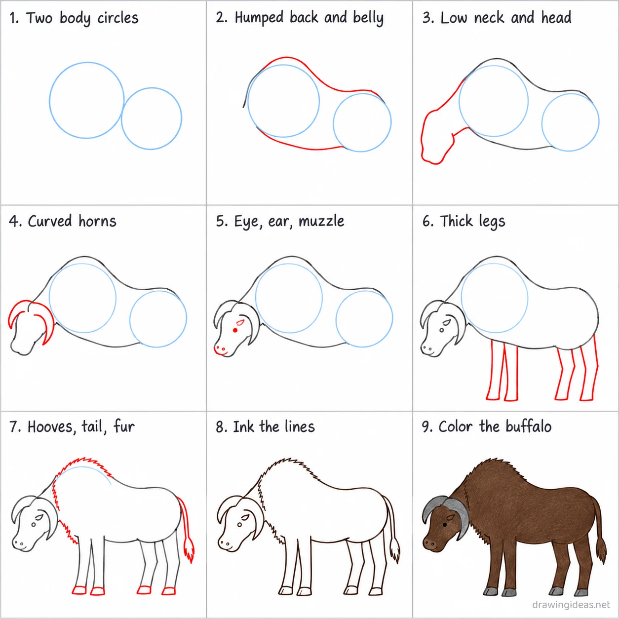 How to draw a buffalo step by step — 9-step buffalo drawing tutorial sheet