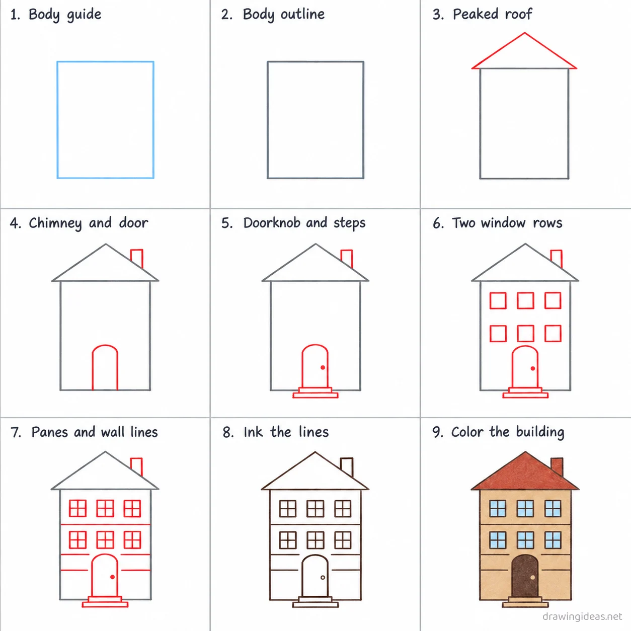 How to draw a building step by step — 9-step building drawing tutorial sheet