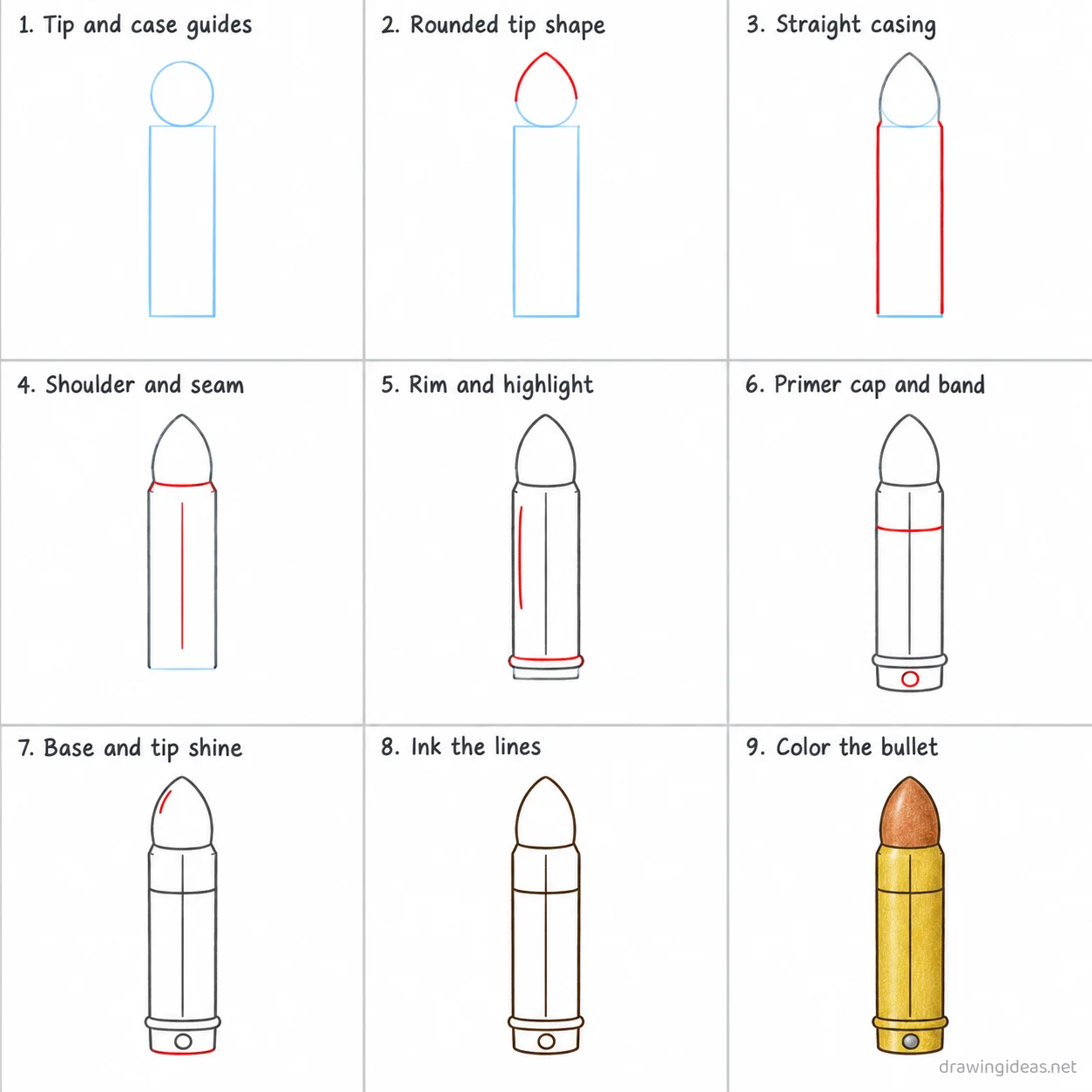 How to draw a bullet step by step — 9-step bullet drawing tutorial sheet