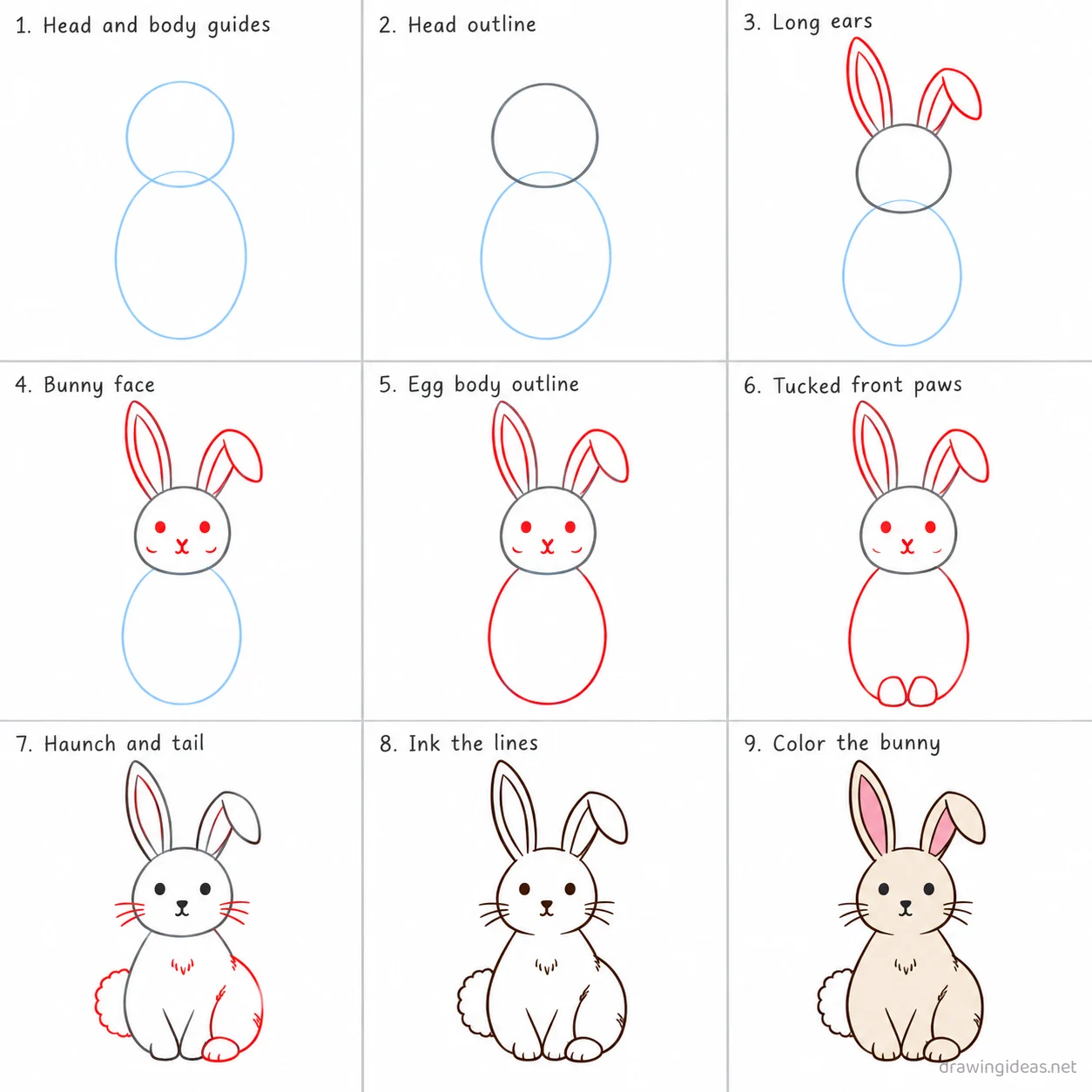 How to draw a bunny step by step — 9-step bunny drawing tutorial sheet