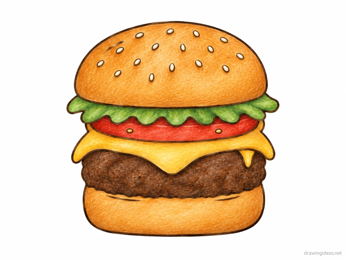 Burger drawing — hand-drawn burger illustration with ink lines and soft colors